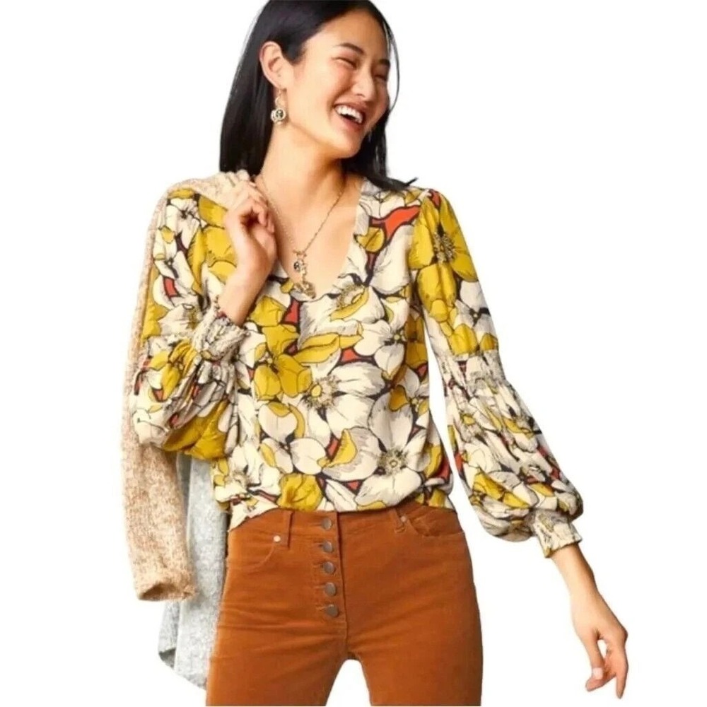 Cabi 3954 Miranda Blouse Womens Large Yellow Floral V-Neck Smocked Sleeve Top - Picture 7 of 7